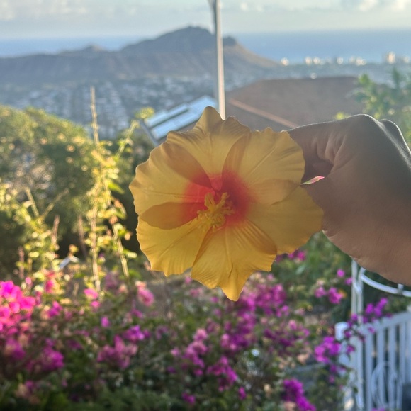 Accessories - NEW! Yellow and orange fabric forever Hibiscus flower with wire stem